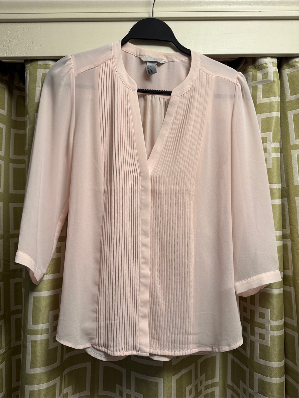 Light Pink Pleated V-Neck Women's Blouse